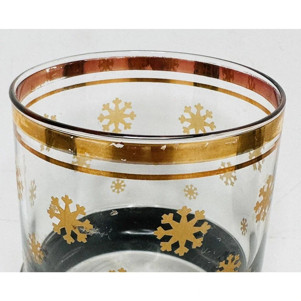 Vtg 3 MCM Rocks Old‎ Fashioned Whiskey Glasses Gold Snowflakes Rim Atomic Bottom